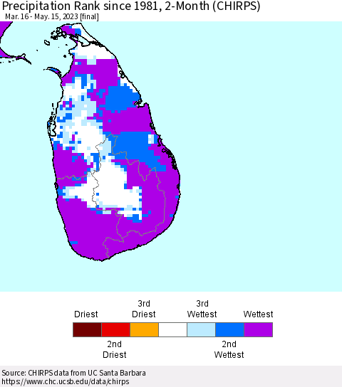 Sri Lanka Precipitation Rank since 1981, 2-Month (CHIRPS) Thematic Map For 3/16/2023 - 5/15/2023
