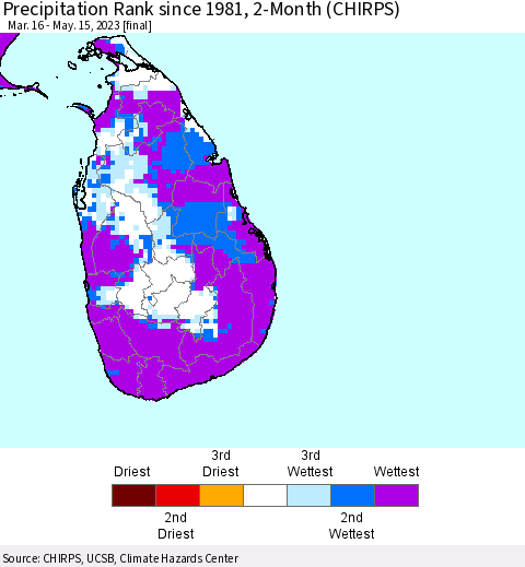 Sri Lanka Precipitation Rank since 1981, 2-Month (CHIRPS) Thematic Map For 3/16/2023 - 5/15/2023