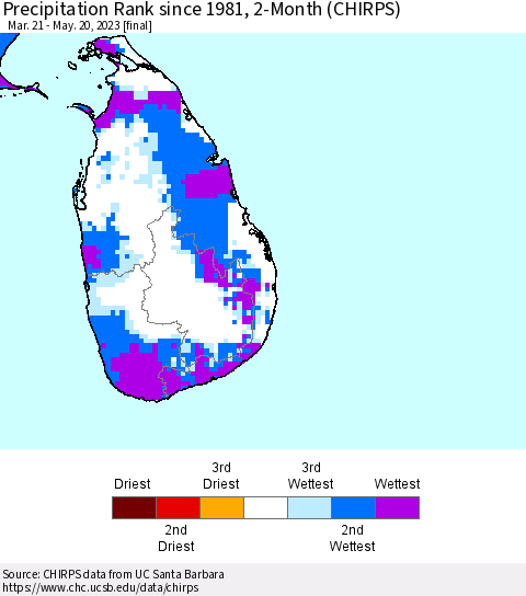 Sri Lanka Precipitation Rank since 1981, 2-Month (CHIRPS) Thematic Map For 3/21/2023 - 5/20/2023