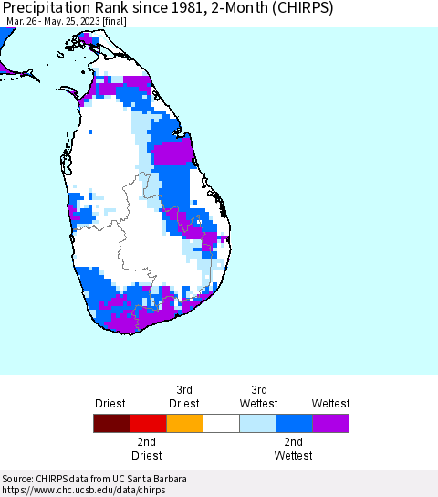 Sri Lanka Precipitation Rank since 1981, 2-Month (CHIRPS) Thematic Map For 3/26/2023 - 5/25/2023