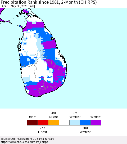 Sri Lanka Precipitation Rank since 1981, 2-Month (CHIRPS) Thematic Map For 4/1/2023 - 5/31/2023