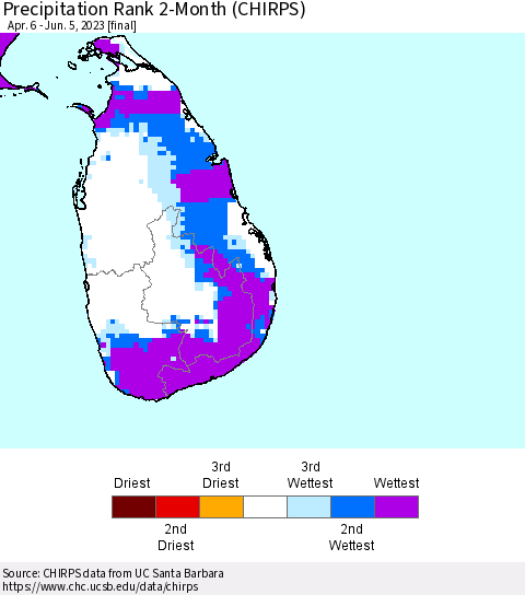 Sri Lanka Precipitation Rank since 1981, 2-Month (CHIRPS) Thematic Map For 4/6/2023 - 6/5/2023