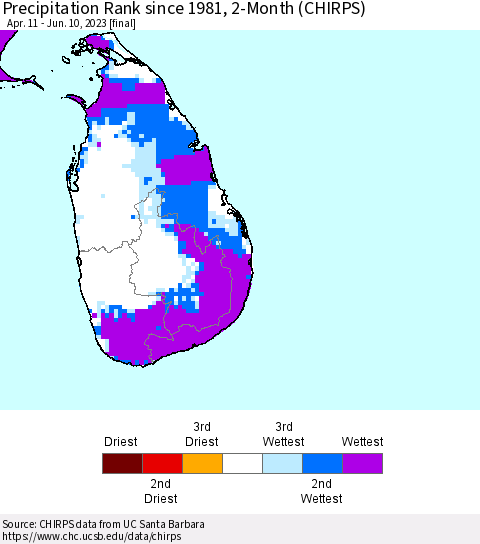 Sri Lanka Precipitation Rank since 1981, 2-Month (CHIRPS) Thematic Map For 4/11/2023 - 6/10/2023