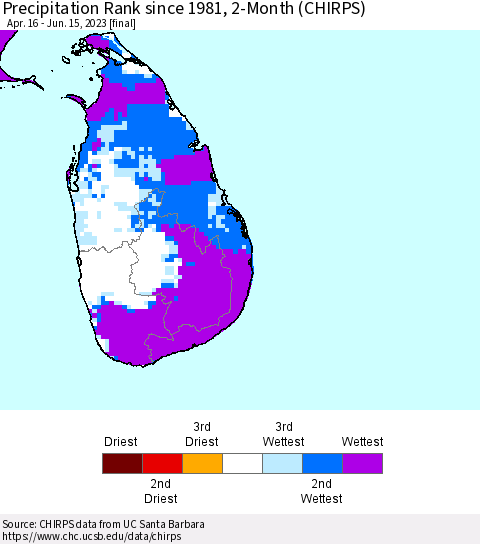 Sri Lanka Precipitation Rank since 1981, 2-Month (CHIRPS) Thematic Map For 4/16/2023 - 6/15/2023