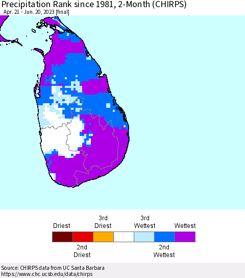 Sri Lanka Precipitation Rank since 1981, 2-Month (CHIRPS) Thematic Map For 4/21/2023 - 6/20/2023