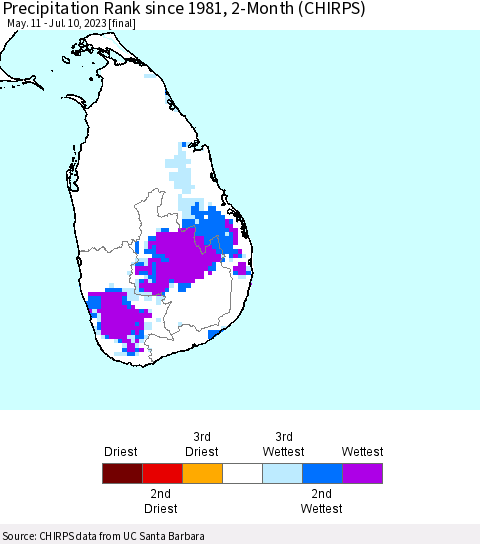 Sri Lanka Precipitation Rank since 1981, 2-Month (CHIRPS) Thematic Map For 5/11/2023 - 7/10/2023