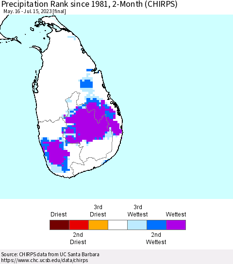 Sri Lanka Precipitation Rank since 1981, 2-Month (CHIRPS) Thematic Map For 5/16/2023 - 7/15/2023