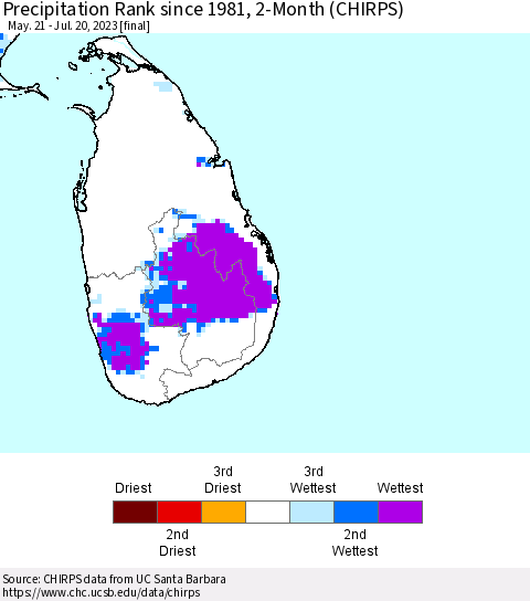 Sri Lanka Precipitation Rank since 1981, 2-Month (CHIRPS) Thematic Map For 5/21/2023 - 7/20/2023