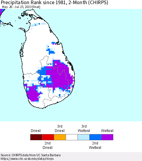 Sri Lanka Precipitation Rank since 1981, 2-Month (CHIRPS) Thematic Map For 5/26/2023 - 7/25/2023