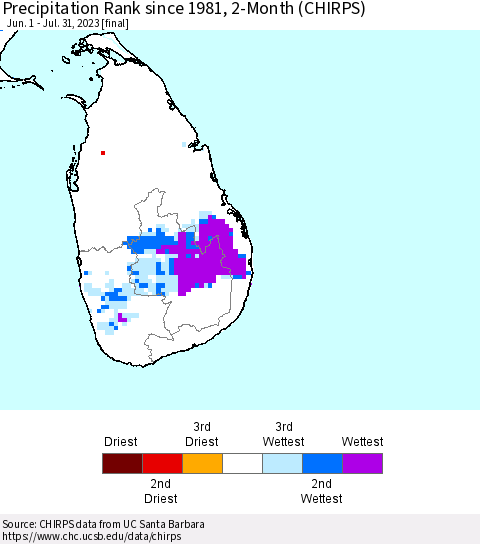 Sri Lanka Precipitation Rank since 1981, 2-Month (CHIRPS) Thematic Map For 6/1/2023 - 7/31/2023
