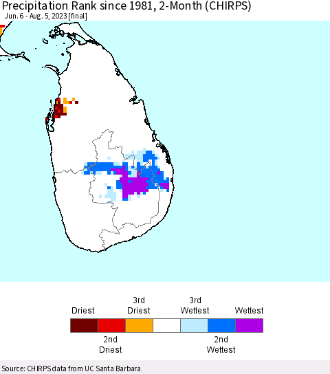 Sri Lanka Precipitation Rank since 1981, 2-Month (CHIRPS) Thematic Map For 6/6/2023 - 8/5/2023