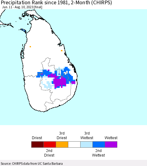 Sri Lanka Precipitation Rank since 1981, 2-Month (CHIRPS) Thematic Map For 6/11/2023 - 8/10/2023