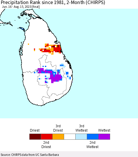 Sri Lanka Precipitation Rank since 1981, 2-Month (CHIRPS) Thematic Map For 6/16/2023 - 8/15/2023