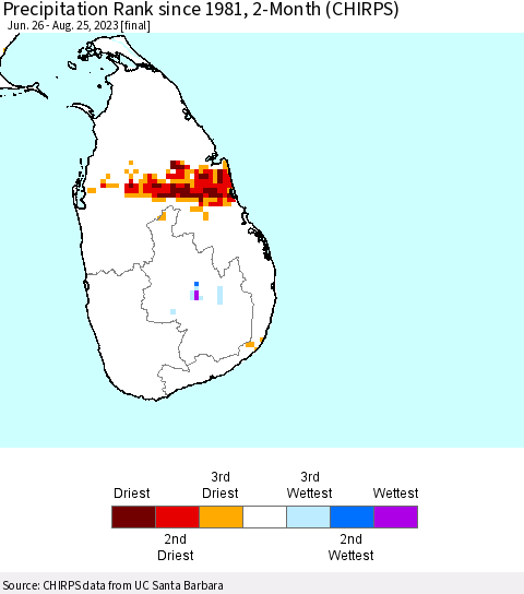 Sri Lanka Precipitation Rank since 1981, 2-Month (CHIRPS) Thematic Map For 6/26/2023 - 8/25/2023