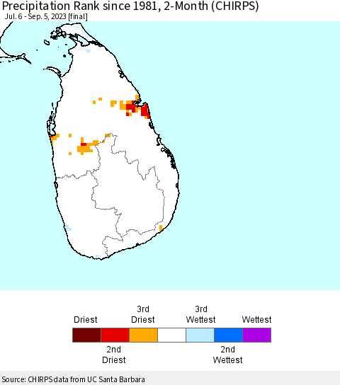 Sri Lanka Precipitation Rank since 1981, 2-Month (CHIRPS) Thematic Map For 7/6/2023 - 9/5/2023