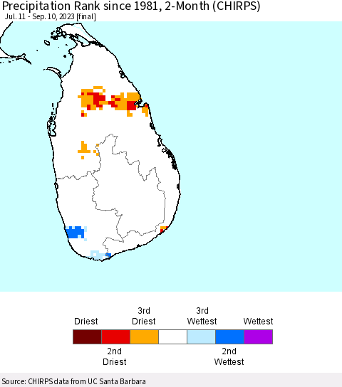 Sri Lanka Precipitation Rank since 1981, 2-Month (CHIRPS) Thematic Map For 7/11/2023 - 9/10/2023
