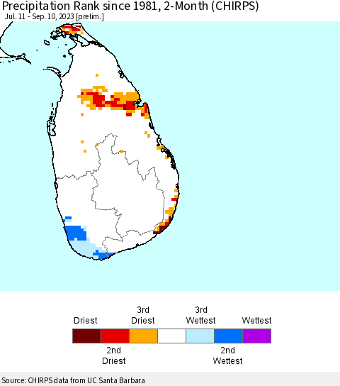 Sri Lanka Precipitation Rank since 1981, 2-Month (CHIRPS) Thematic Map For 7/11/2023 - 9/10/2023