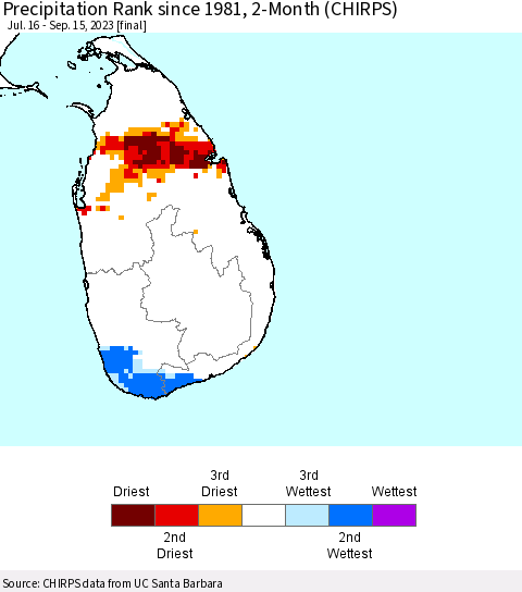 Sri Lanka Precipitation Rank since 1981, 2-Month (CHIRPS) Thematic Map For 7/16/2023 - 9/15/2023