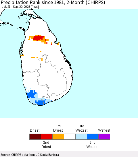 Sri Lanka Precipitation Rank since 1981, 2-Month (CHIRPS) Thematic Map For 7/21/2023 - 9/20/2023
