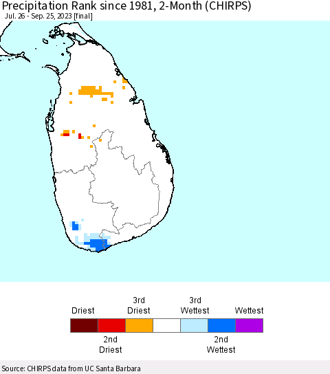 Sri Lanka Precipitation Rank since 1981, 2-Month (CHIRPS) Thematic Map For 7/26/2023 - 9/25/2023