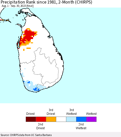 Sri Lanka Precipitation Rank since 1981, 2-Month (CHIRPS) Thematic Map For 8/1/2023 - 9/30/2023