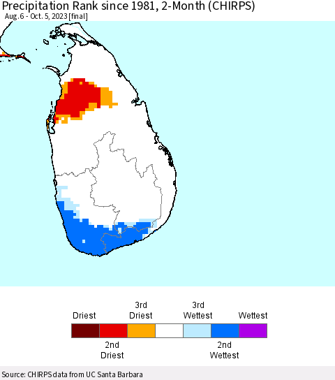 Sri Lanka Precipitation Rank since 1981, 2-Month (CHIRPS) Thematic Map For 8/6/2023 - 10/5/2023