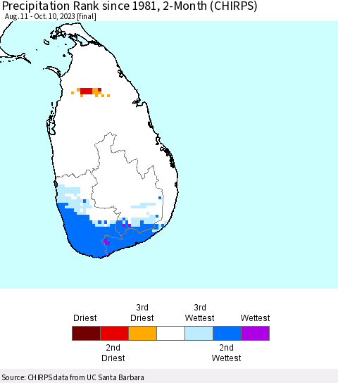 Sri Lanka Precipitation Rank since 1981, 2-Month (CHIRPS) Thematic Map For 8/11/2023 - 10/10/2023