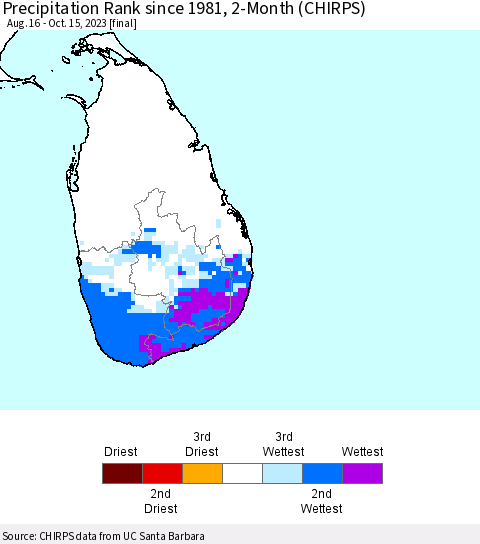 Sri Lanka Precipitation Rank since 1981, 2-Month (CHIRPS) Thematic Map For 8/16/2023 - 10/15/2023