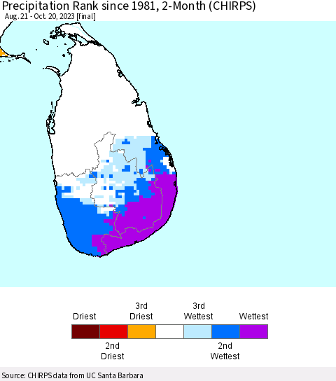Sri Lanka Precipitation Rank since 1981, 2-Month (CHIRPS) Thematic Map For 8/21/2023 - 10/20/2023