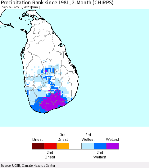 Sri Lanka Precipitation Rank since 1981, 2-Month (CHIRPS) Thematic Map For 9/6/2023 - 11/5/2023