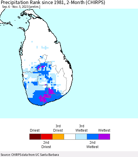Sri Lanka Precipitation Rank since 1981, 2-Month (CHIRPS) Thematic Map For 9/6/2023 - 11/5/2023