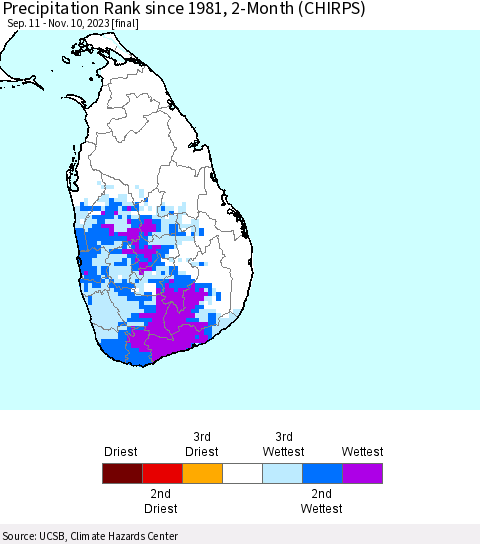 Sri Lanka Precipitation Rank since 1981, 2-Month (CHIRPS) Thematic Map For 9/11/2023 - 11/10/2023