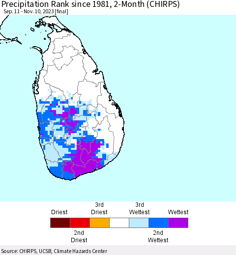 Sri Lanka Precipitation Rank since 1981, 2-Month (CHIRPS) Thematic Map For 9/11/2023 - 11/10/2023