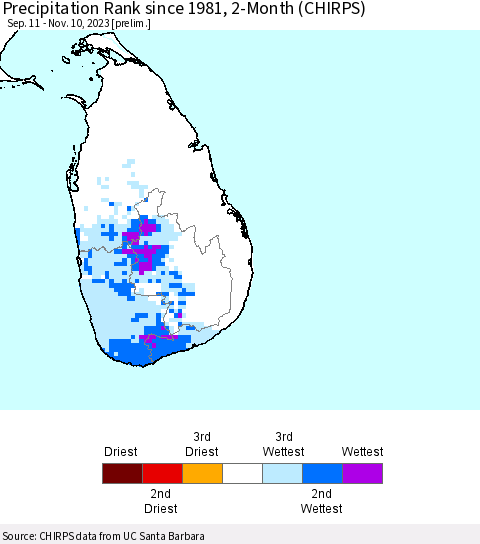 Sri Lanka Precipitation Rank since 1981, 2-Month (CHIRPS) Thematic Map For 9/11/2023 - 11/10/2023