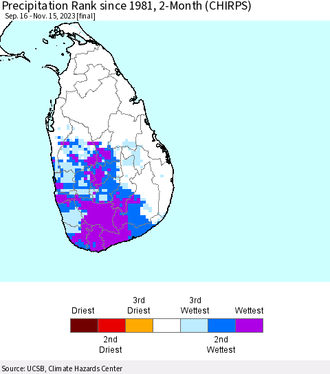 Sri Lanka Precipitation Rank since 1981, 2-Month (CHIRPS) Thematic Map For 9/16/2023 - 11/15/2023