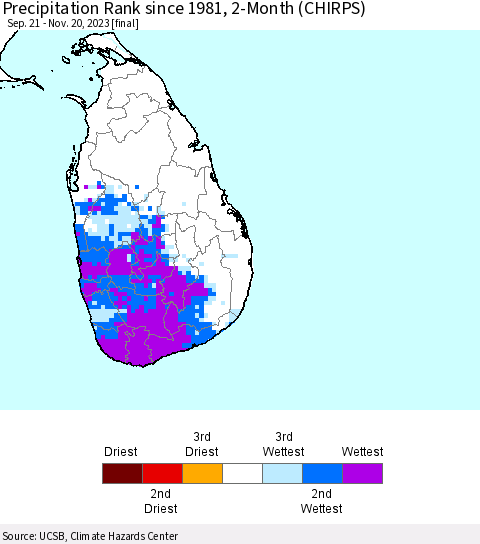 Sri Lanka Precipitation Rank since 1981, 2-Month (CHIRPS) Thematic Map For 9/21/2023 - 11/20/2023