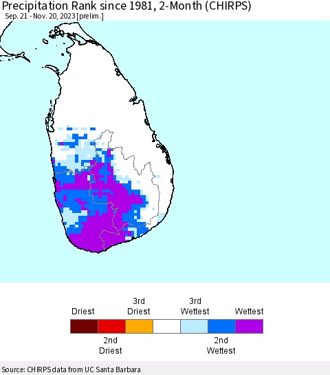 Sri Lanka Precipitation Rank since 1981, 2-Month (CHIRPS) Thematic Map For 9/21/2023 - 11/20/2023
