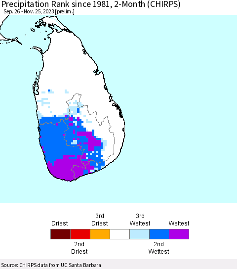 Sri Lanka Precipitation Rank since 1981, 2-Month (CHIRPS) Thematic Map For 9/26/2023 - 11/25/2023