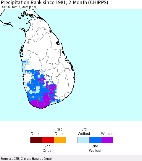 Sri Lanka Precipitation Rank since 1981, 2-Month (CHIRPS) Thematic Map For 10/6/2023 - 12/5/2023