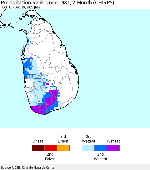 Sri Lanka Precipitation Rank since 1981, 2-Month (CHIRPS) Thematic Map For 10/11/2023 - 12/10/2023