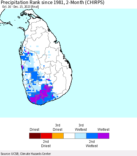 Sri Lanka Precipitation Rank since 1981, 2-Month (CHIRPS) Thematic Map For 10/16/2023 - 12/15/2023