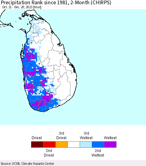 Sri Lanka Precipitation Rank since 1981, 2-Month (CHIRPS) Thematic Map For 10/21/2023 - 12/20/2023