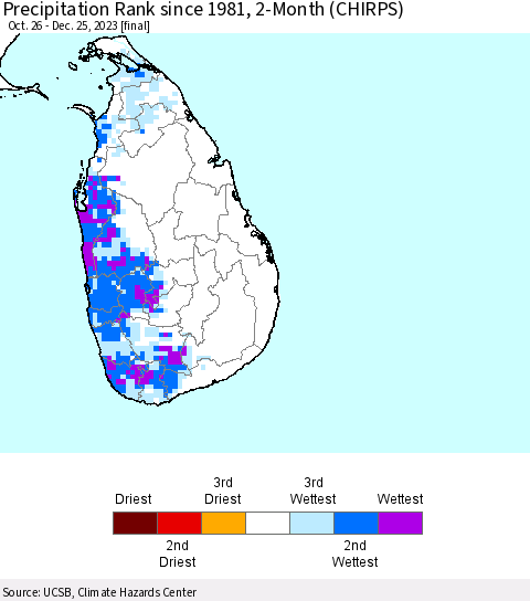 Sri Lanka Precipitation Rank since 1981, 2-Month (CHIRPS) Thematic Map For 10/26/2023 - 12/25/2023