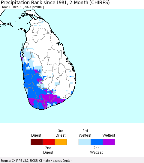 Sri Lanka Precipitation Rank since 1981, 2-Month (CHIRPS) Thematic Map For 11/1/2023 - 12/31/2023