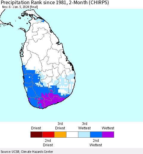 Sri Lanka Precipitation Rank since 1981, 2-Month (CHIRPS) Thematic Map For 11/6/2023 - 1/5/2024