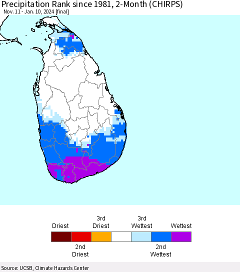 Sri Lanka Precipitation Rank since 1981, 2-Month (CHIRPS) Thematic Map For 11/11/2023 - 1/10/2024