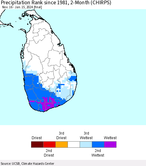 Sri Lanka Precipitation Rank since 1981, 2-Month (CHIRPS) Thematic Map For 11/16/2023 - 1/15/2024