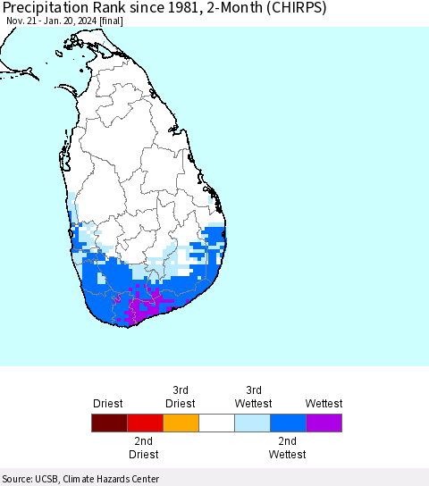 Sri Lanka Precipitation Rank since 1981, 2-Month (CHIRPS) Thematic Map For 11/21/2023 - 1/20/2024