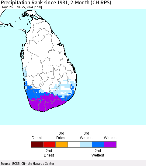 Sri Lanka Precipitation Rank since 1981, 2-Month (CHIRPS) Thematic Map For 11/26/2023 - 1/25/2024