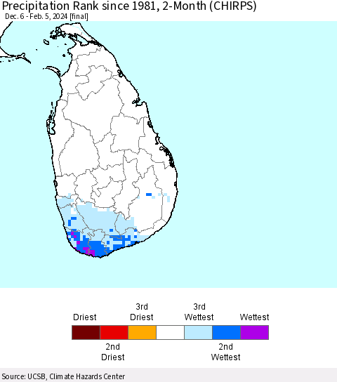 Sri Lanka Precipitation Rank since 1981, 2-Month (CHIRPS) Thematic Map For 12/6/2023 - 2/5/2024